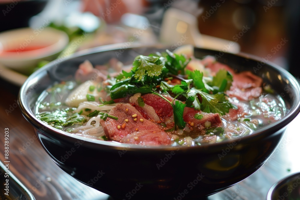 Delicious beef and noodles in a bowl on a wooden table, A steaming bowl of pho with thinly sliced beef, fragrant herbs, and rice noodles, AI generated Delicious beef and noodles in a bowl on a wooden table, A steaming bowl of pho with thinly sliced beef, fragrant herbs, and rice noodles, AI generated