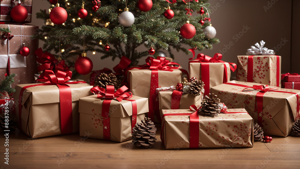 A Christmas tree with red and silver ornaments is decorated with pine cones and surrounded by wrapped gifts.
A Christmas tree with red and silver ornaments is decorated with pine cones and surrounded by wrapped gifts.