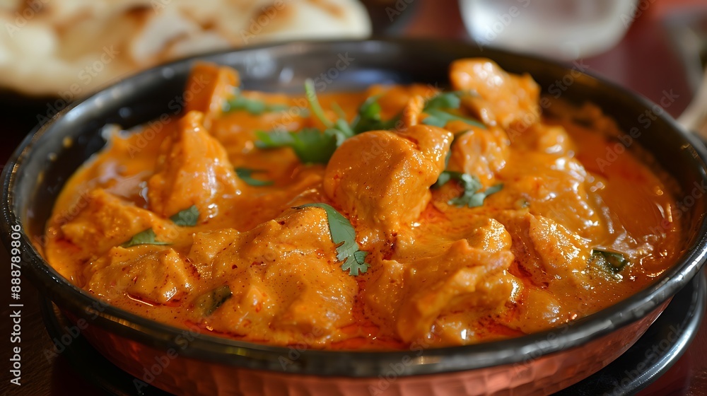 Butter chicken on an iron table in a red bowl Butter chicken on an iron table in a red bowl
