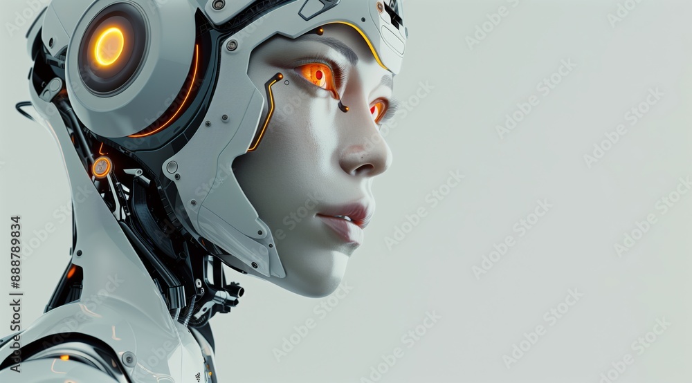 Profile of Futuristic Female Robot with Glowing Eyes in Minimalist Style Profile of Futuristic Female Robot with Glowing Eyes in Minimalist Style