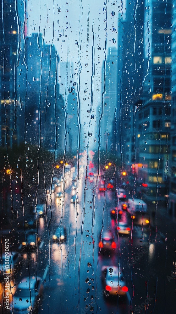 Fototapeta premium Blurred Cityscape: A Window's View Through Rain