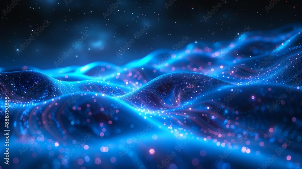 Futuristic digital landscape with blue glowing particles - generative ai Futuristic digital landscape with blue glowing particles - generative ai