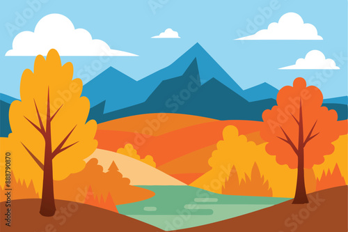 Autumn Scenery Vector Illustration: Stunning Fall Landscape with Colorful Trees, Falling Leaves, Nature Background, Perfect for Seasonal Designs, Digital Art, Prints, and Wallpapers