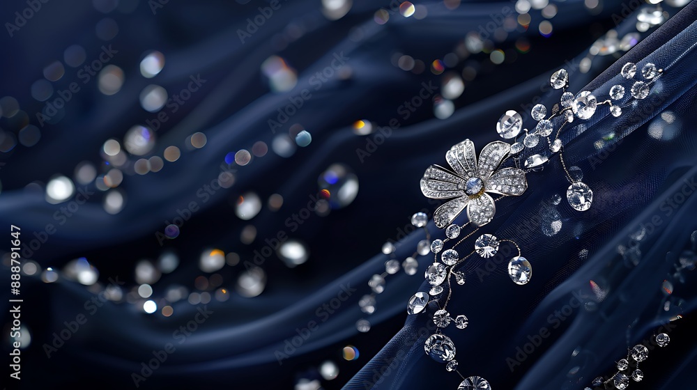 Captivating diamonds and bright jewels against an accent of flowing navy blue cloth Captivating diamonds and bright jewels against an accent of flowing navy blue cloth