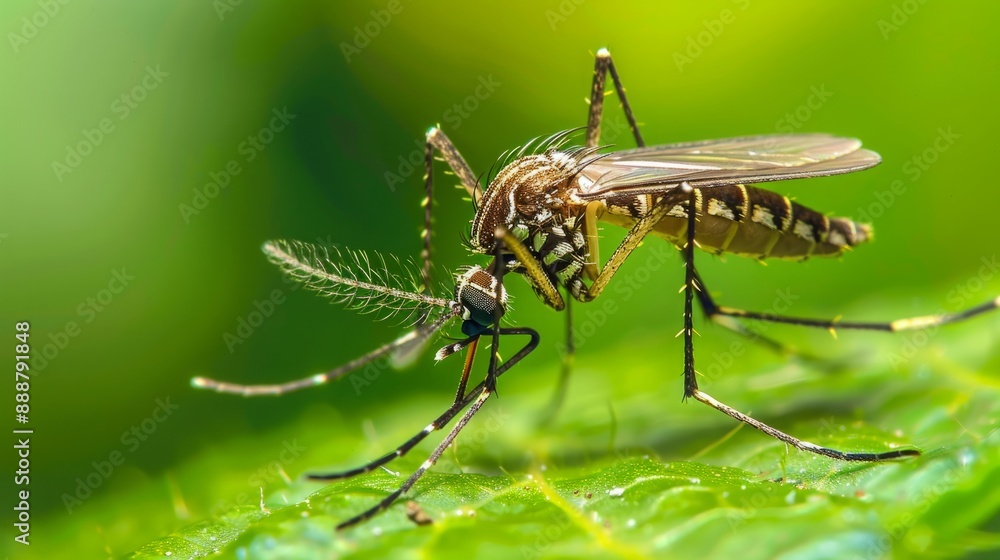 Naklejka premium Close-Up of Aedes triseriatus Mosquito, Primary Vector of La Crosse Encephalitis, Detailed Insect Photography, Focus on Disease Transmission, Public Health Concern in Forested Areas