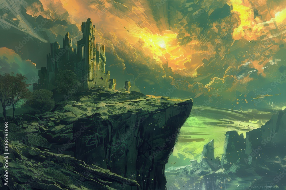 Ancient ruins on a cliff overlooking a vast body of water during a vibrant sunset Ancient ruins on a cliff overlooking a vast body of water during a vibrant sunset