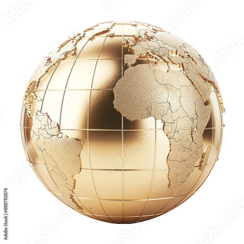 A golden globe with a detailed map of the world, showing continents and lines of latitude and longitude. The globe is isolated on a black background.