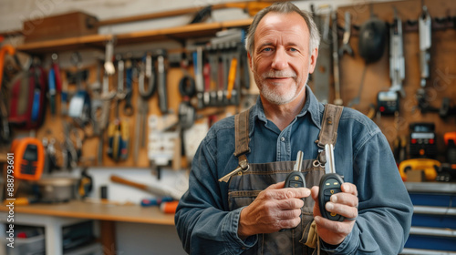 Locksmith in a workshop holding car keys with tools and equipment in the background. Automotive repairs, vehicle maintenance, car key duplication, locksmith services, DIY solutions.