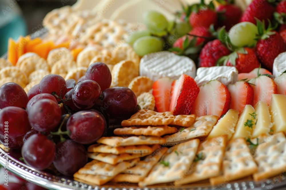 An assortment of cheeses, grapes, and crackers beautifully arranged on a wooden platter, An assortment of gourmet cheeses paired with crisp crackers and sweet fruits, AI generated An assortment of cheeses, grapes, and crackers beautifully arranged on a wooden platter, An assortment of gourmet cheeses paired with crisp crackers and sweet fruits, AI generated