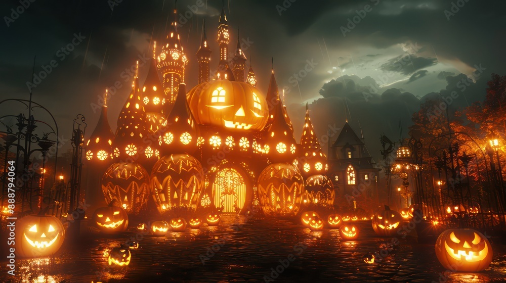 The pumpkin castle that glows at night is a very mysterious and frightening sight. The pumpkin castle has a soft orange color. and has a strange shape When carved into different shapes. The pumpkin castle that glows at night is a very mysterious and frightening sight. The pumpkin castle has a soft orange color. and has a strange shape When carved into different shapes.