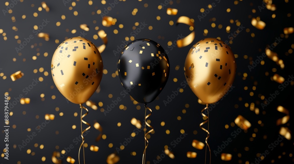 Fototapeta premium Festive celebration in nature with fireworks and lights black and gold balloons background