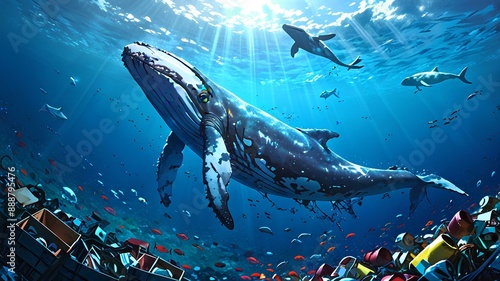 A humpback whale swims gracefully among beautiful coral reefs. But this beauty is threatened by plastic waste floating everywhere. This picture reminds us to be aware of the problem of marine pollutio photo