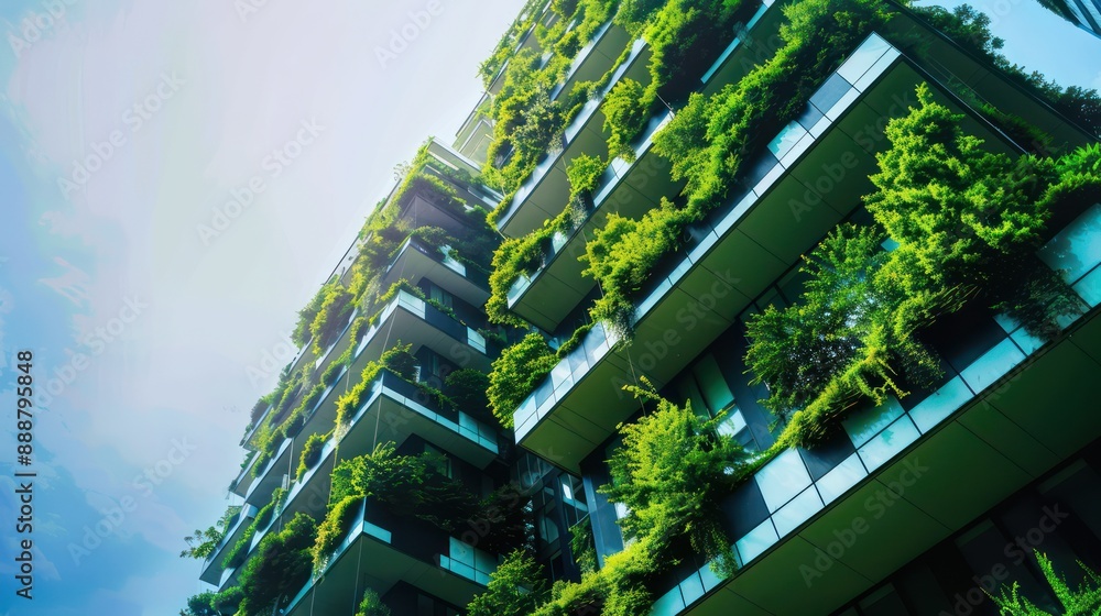 Green building with plants growing on the facade. Ecology and green living in city Green building with plants growing on the facade. Ecology and green living in city