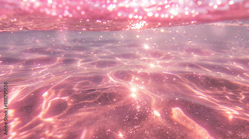 Abstract background. Beach water is pink. Light pink and orange pastel aesthetic water texture with sunlight reflection. Pink clear water. Pink water bubbles on the surface ripples. Pink liquid water
