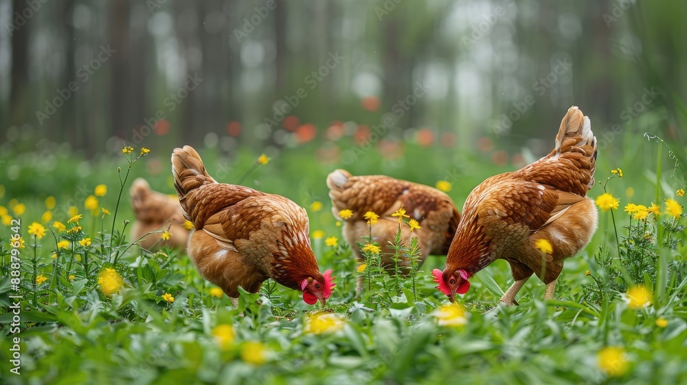 Fototapeta premium Group of hens standing on green grass in the farm