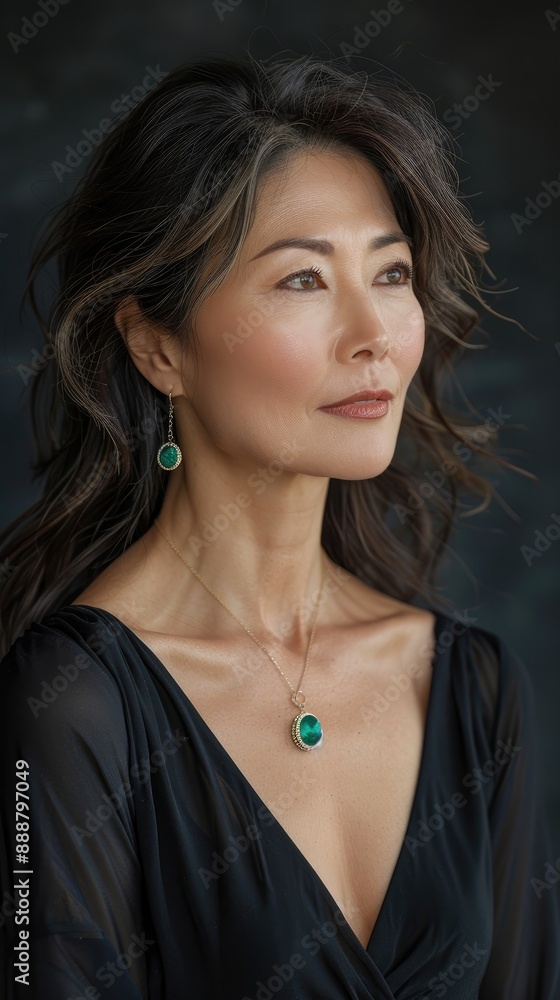 Elegant woman with emerald jewelry, black attire. Elegant woman with emerald jewelry, black attire.