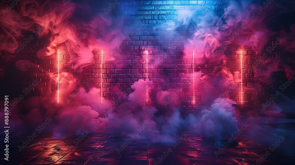 Fototapeta premium Dark Scene with Neon Spotlights: Brick Wall Background Display