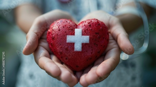 Wallpaper Mural Hands holding a heart-shaped object with a white cross, symbolizing medical care Torontodigital.ca