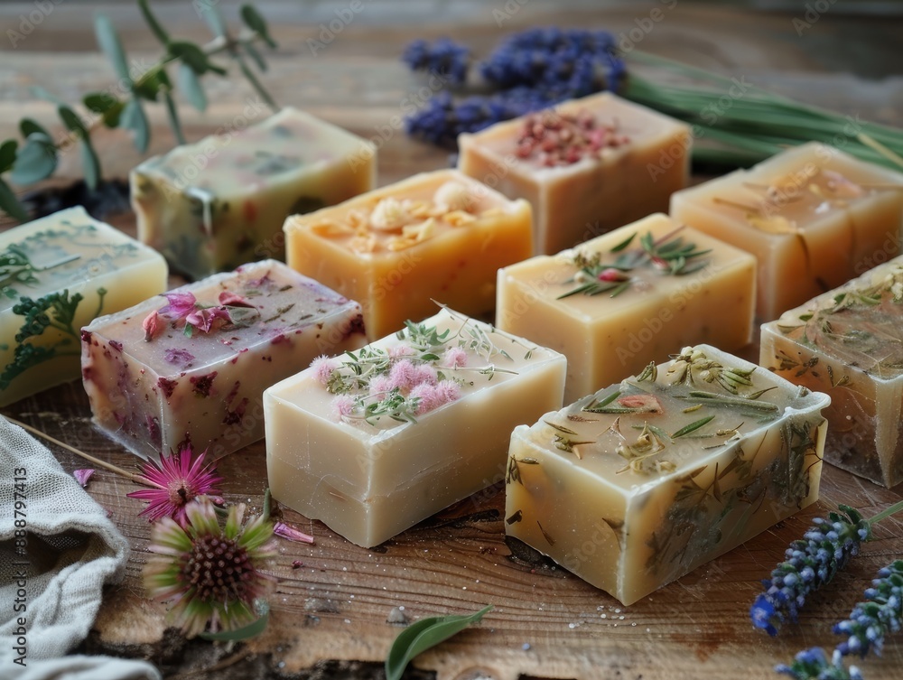 Colorful handmade soap bars with natural ingredients with dried flowers Colorful handmade soap bars with natural ingredients with dried flowers