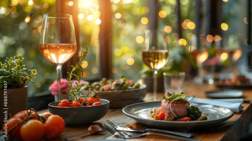 Gourmet dining with wine and sunset - generative ai Gourmet dining with wine and sunset - generative ai