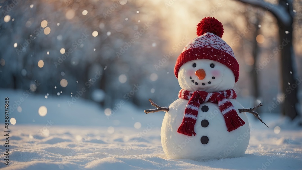 Christmas background with a cute cheerful snowman in the snow in a winter park with beautiful bokeh Copy space winter backdrop with snowman. AI generated. Christmas background with a cute cheerful snowman in the snow in a winter park with beautiful bokeh Copy space winter backdrop with snowman. AI generated.