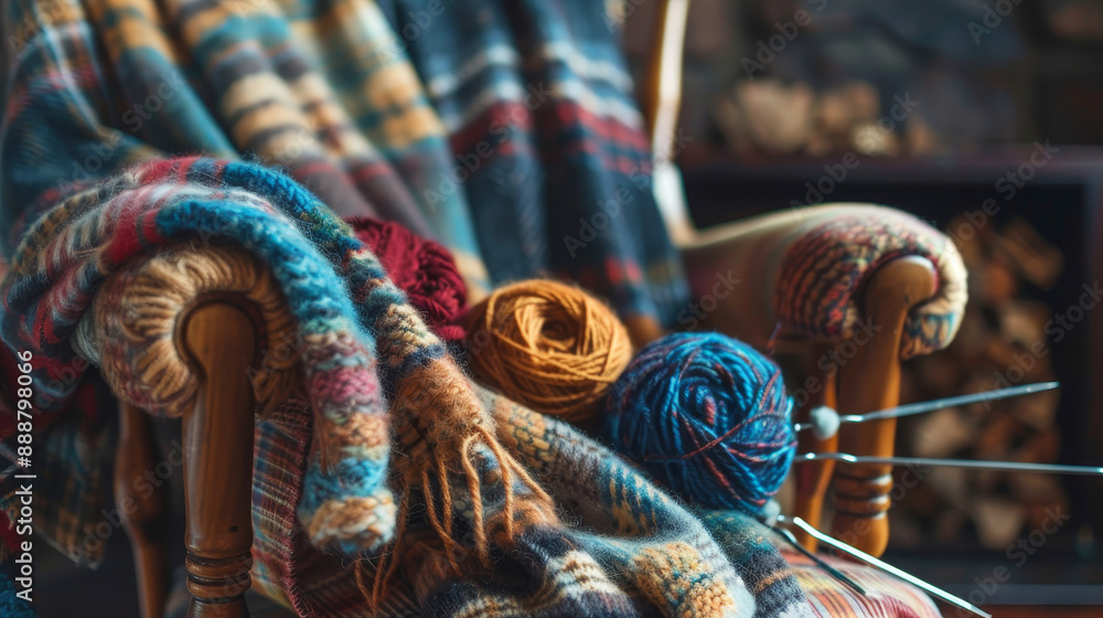 Obraz premium theme of women's crafting hobbies involving multicolored skeins, needles, and hooks