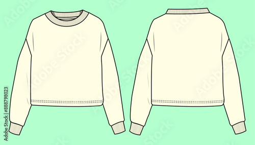 Drop shoulder terry fleece crop sweatshirt flat sketch outline vector for girls and women fashion illustration template.