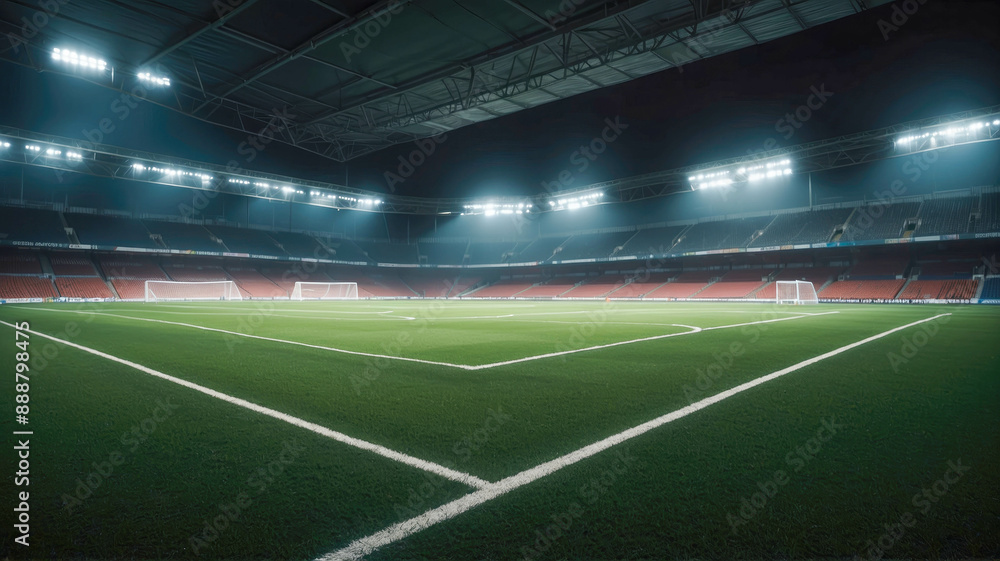 An empty, brightly lit soccer stadium viewed from the corner flag An empty, brightly lit soccer stadium viewed from the corner flag