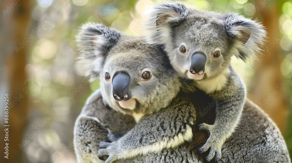 Fototapeta premium Closeup of a baby koala bear perched on its mother back