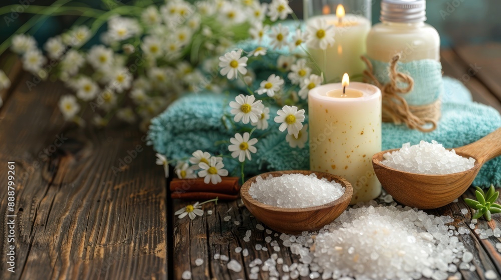 Spa setup with candles sea salt and flowers on wooden surface Spa setup with candles sea salt and flowers on wooden surface