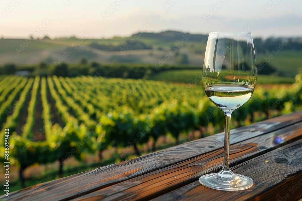 Empty wine glass on a wooden table with a vineyard view Empty wine glass on a wooden table with a vineyard view