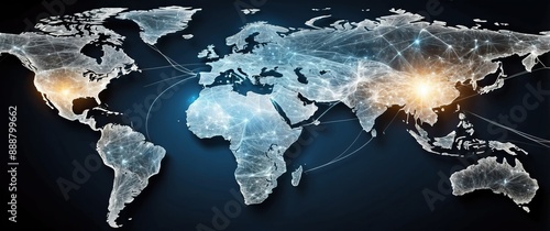 Futuristic digital world map showcasing global connectivity and network technology, ideal for concepts of international communication and data exchange