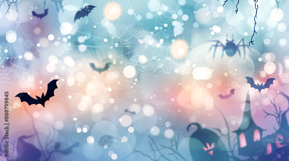 Halloween-themed background with bats, spider webs, and spooky silhouettes against a colorful bokeh effect Halloween-themed background with bats, spider webs, and spooky silhouettes against a colorful bokeh effect