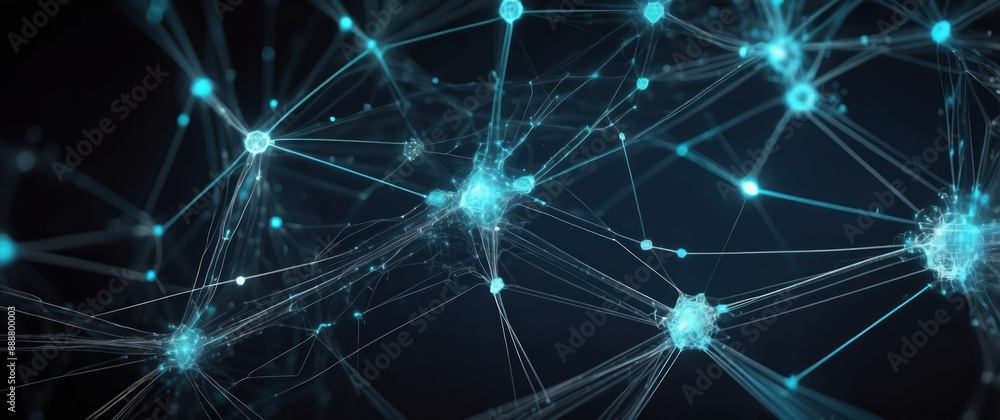 Futuristic network of glowing nodes and connections representing technology, data flow, and digital communication concepts Futuristic network of glowing nodes and connections representing technology, data flow, and digital communication concepts