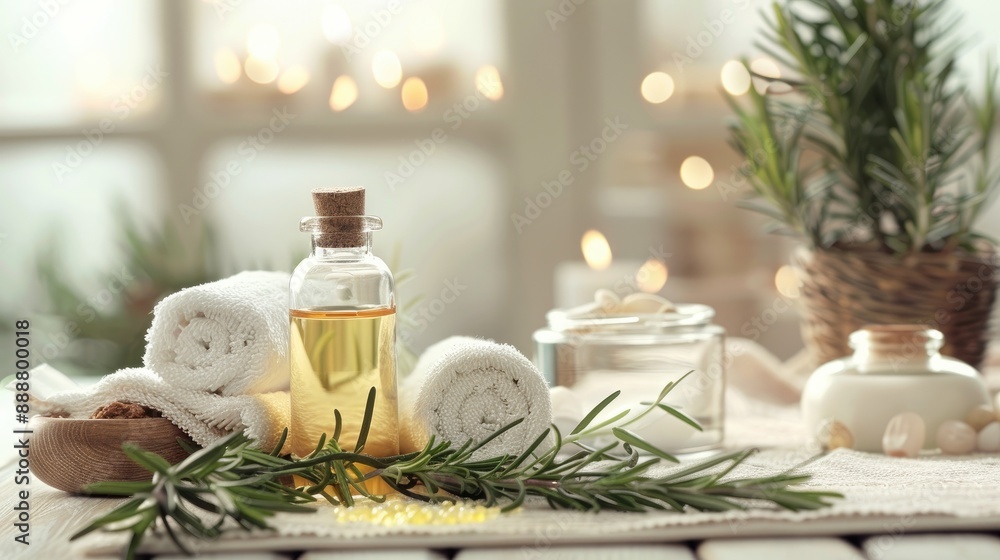 Spa setting with rosemary oil herb and skincare ingredient Spa setting with rosemary oil herb and skincare ingredient