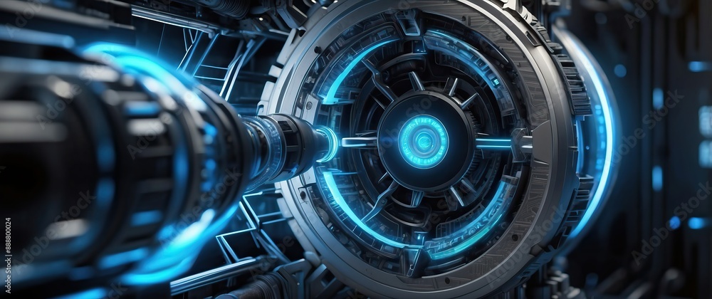 Futuristic high tech machinery with glowing blue neon lights, representing advanced technology and digital innovation in a sci fi atmosphere Futuristic high tech machinery with glowing blue neon lights, representing advanced technology and digital innovation in a sci fi atmosphere