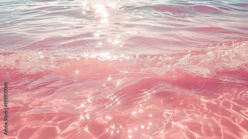 Abstract background. Beach water is pink. Light pink and orange pastel aesthetic water texture with sunlight reflection. Pink clear water. Pink water bubbles on the surface ripples. Pink liquid water