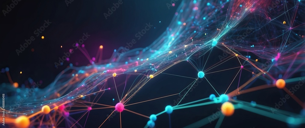 Abstract digital network with glowing nodes and lines, depicting connectivity, data, and technology in a dynamic and futuristic atmosphere Abstract digital network with glowing nodes and lines, depicting connectivity, data, and technology in a dynamic and futuristic atmosphere