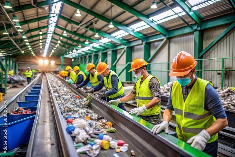 Workers sorting recyclable materials on a conveyor belt in a recycling plant, wearing safety gear. Workers sorting recyclable materials on a conveyor belt in a recycling plant, wearing safety gear.