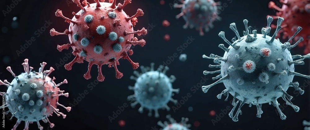 A close up view of coronavirus particles highlighting the infectious nature of the virus, representing pandemic themes and public health concerns A close up view of coronavirus particles highlighting the infectious nature of the virus, representing pandemic themes and public health concerns