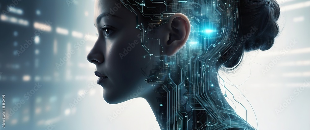 A futuristic depiction of a female profile integrated with digital circuits, embodying artificial intelligence and advanced technology concepts A futuristic depiction of a female profile integrated with digital circuits, embodying artificial intelligence and advanced technology concepts