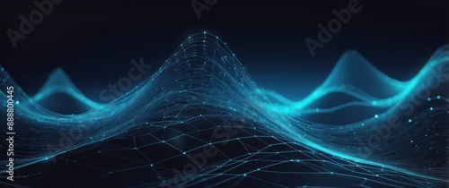 Futuristic digital wave of glowing blue lines and network grid, representing advanced technology, AI, and cyberspace concepts