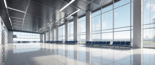 Modern, spacious airport terminal with large windows, empty seating, and sleek design, ideal for travel, transportation, and business journey themes
