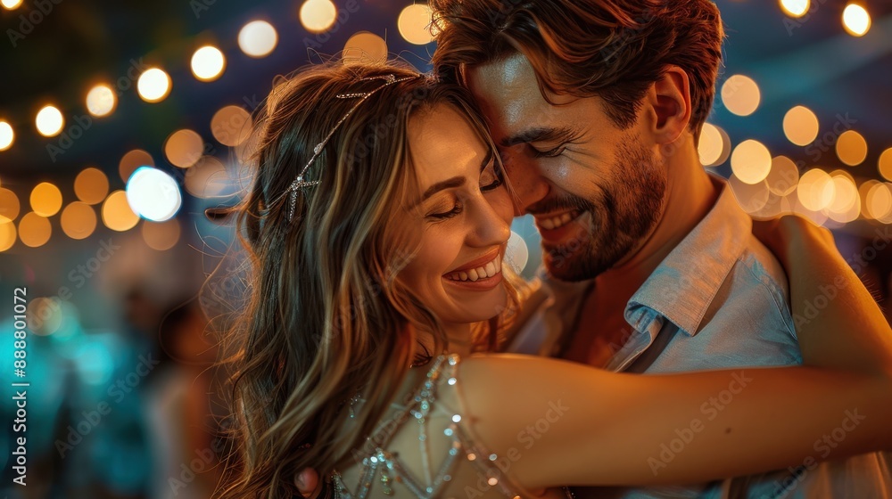 Happy couple dancing under string lights
Happy couple dancing under string lights