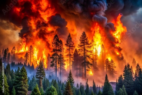 Intense forest fire with towering flames and billowing smoke, showcasing the destructive power of wildfires.