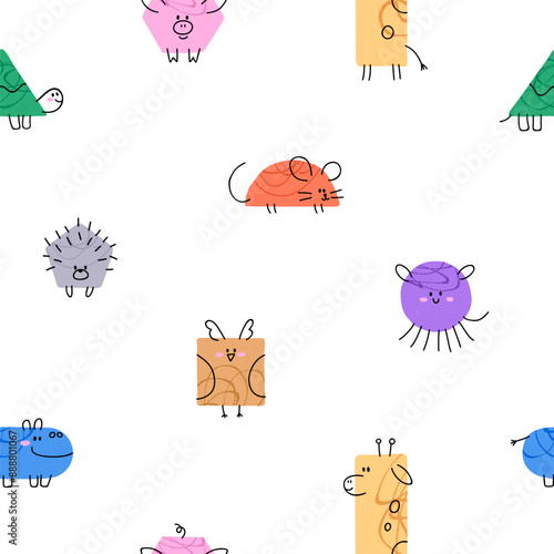 Cute funny pattern design. Seamless background, geometric shaped animals in comic kids childish style. Repeating print, texture for textile, fabric, wrapping, wallpaper. Flat vector illustration