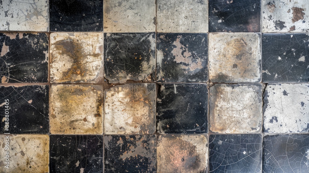 Old worn square floor tiles with checkered pattern from above Old worn square floor tiles with checkered pattern from above