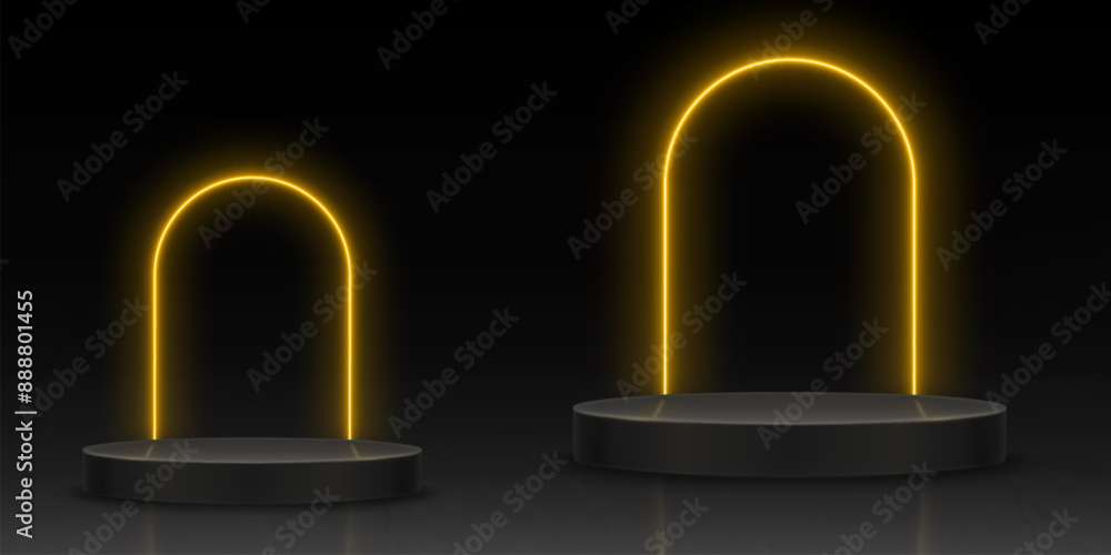 3d yellow neon light arch and podium platform scene. Product display stage in minimal studio room. Empty black futuristic design concept with geometric realistic interior for presentation mockup 3d yellow neon light arch and podium platform scene. Product display stage in minimal studio room. Empty black futuristic design concept with geometric realistic interior for presentation mockup