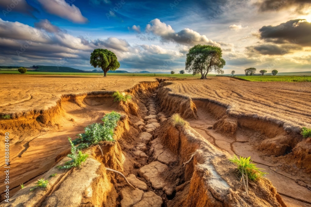 Severe soil erosion in a dry field with deep cracks and sparse ...