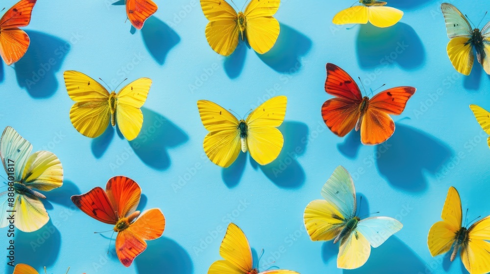 Top down view of yellow and orange butterflies against a blue backdrop in a summer themed flat lay Top down view of yellow and orange butterflies against a blue backdrop in a summer themed flat lay